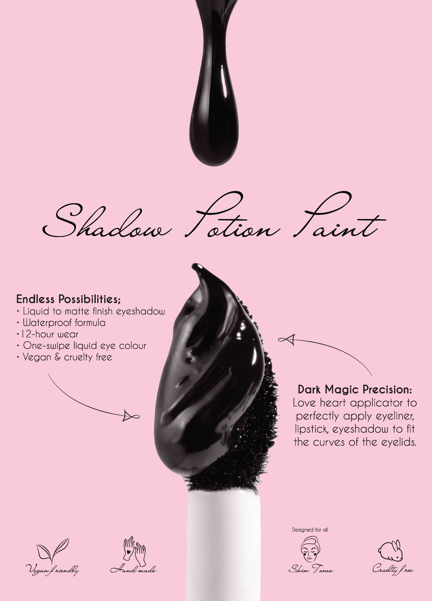 Promotional image of 'Shadow Potion Paint' with product details on a pink background