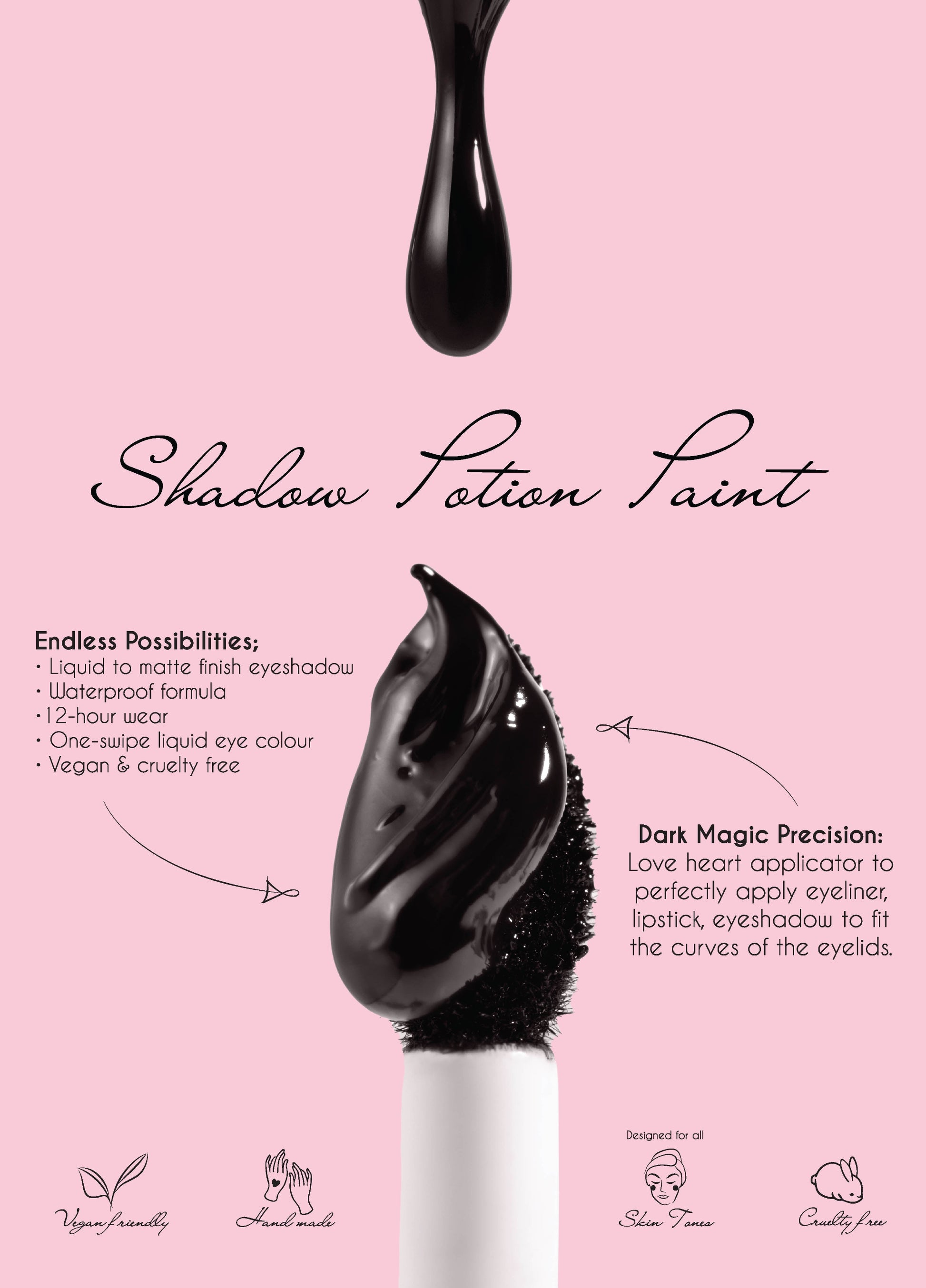 Promotional image of 'Shadow Potion Paint' with product details on a pink background