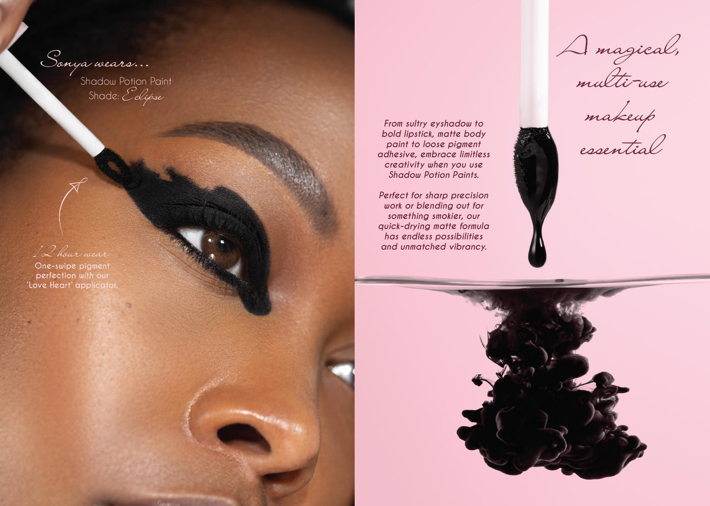 Makeup product with application on a model's eye and pink packaging with text.