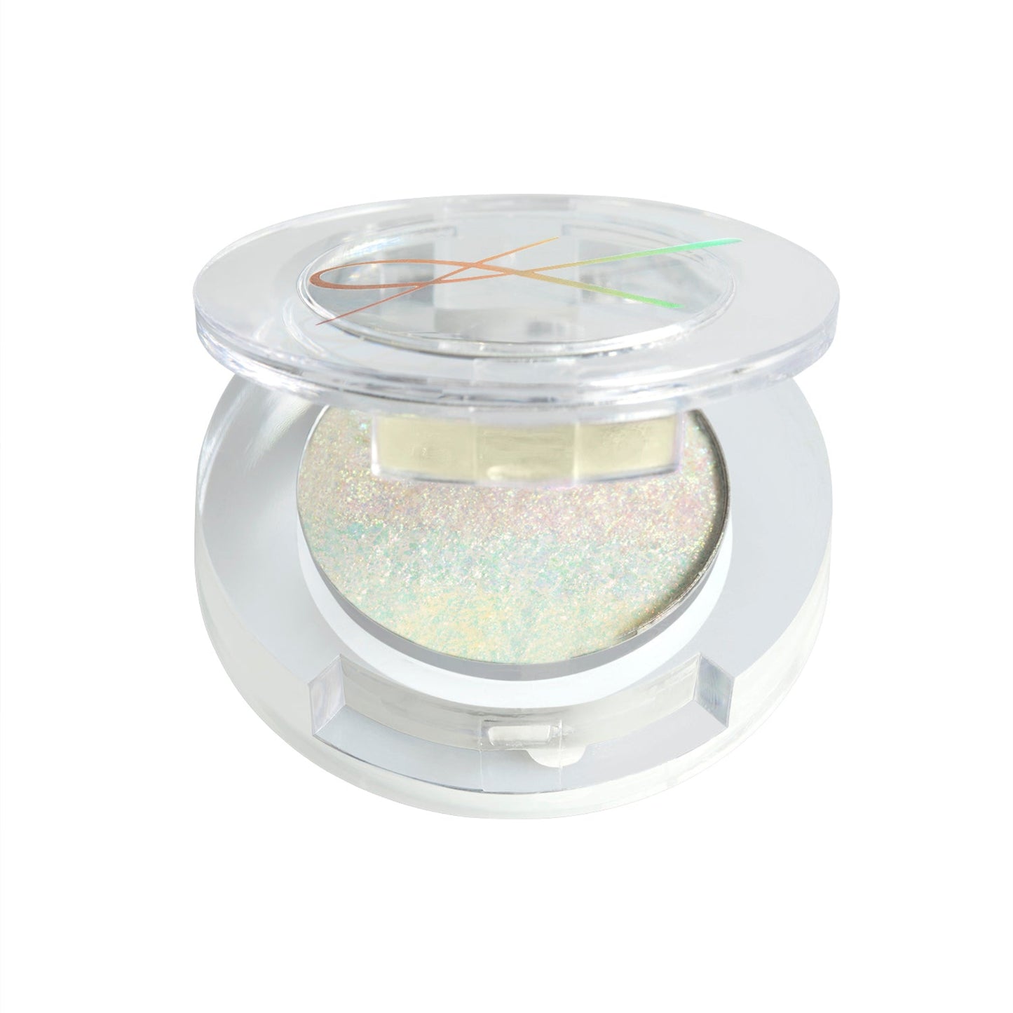 Eyeshadow compact on a white background with iridescent pressed eyeshadow.