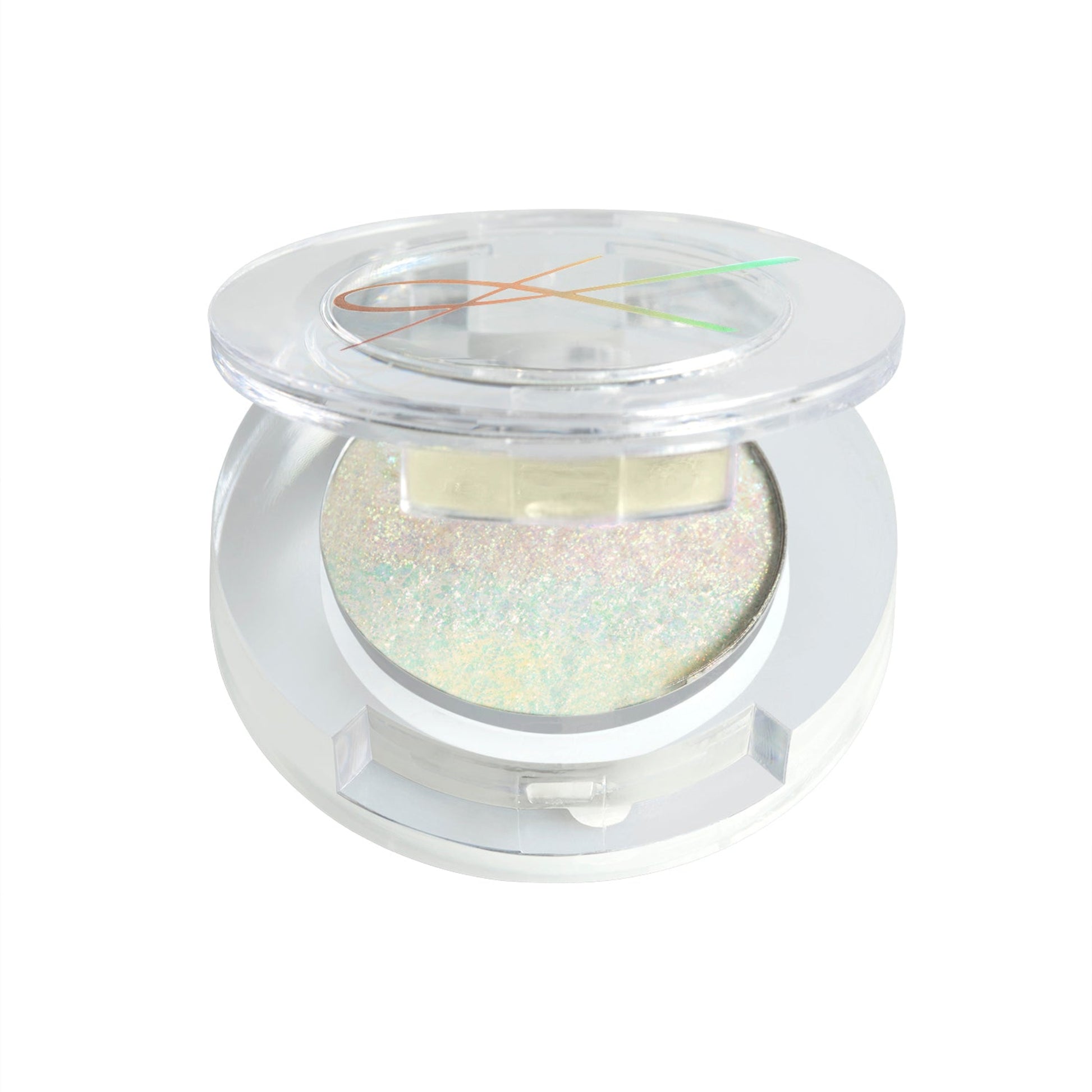 Eyeshadow compact on a white background with iridescent pressed eyeshadow.