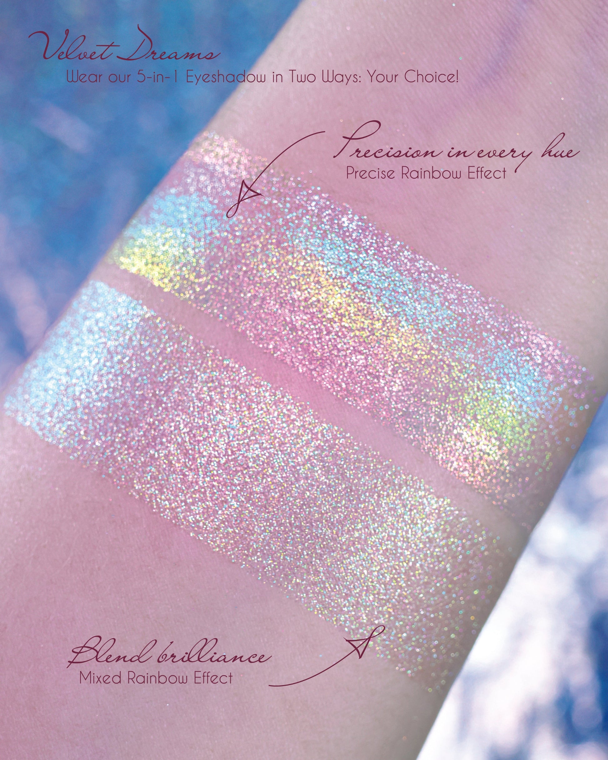 Eyeshadow swatches on an arm with a rainbow pigment effect