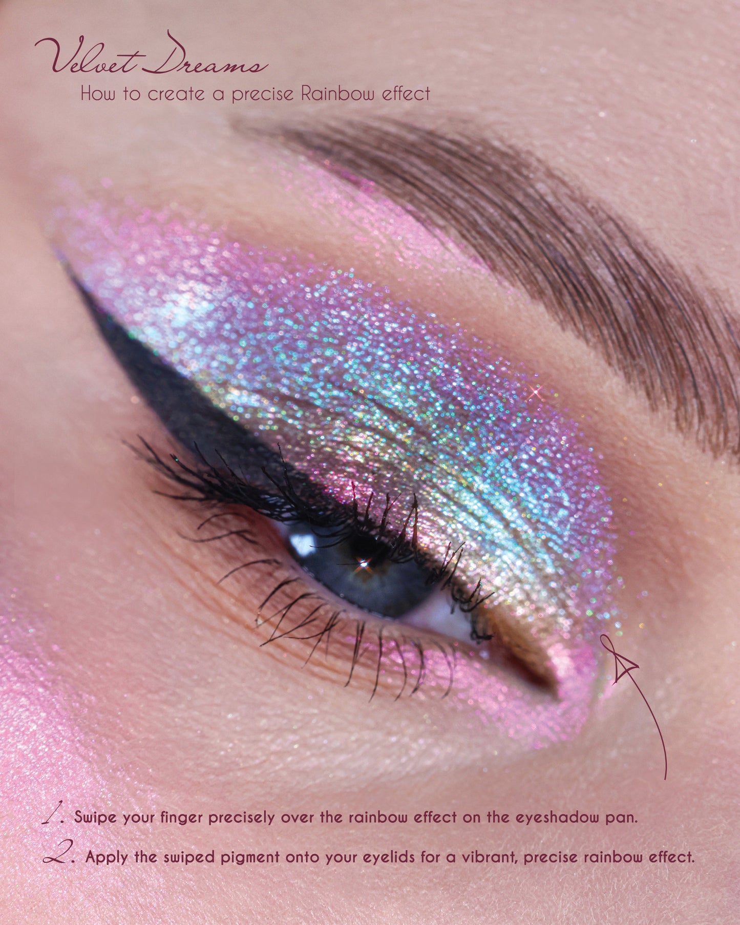 Close-up of an eye with colorful makeup and text on how to achieve a rainbow effect.