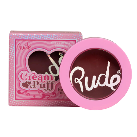 Rude brand blush compact with pink packaging on a white background