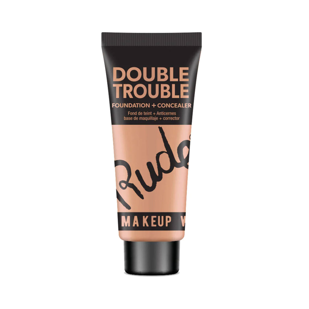 A plastic tube of Rude Double Trouble Foundation & Concealer in Shade Tan with a black cap and label.