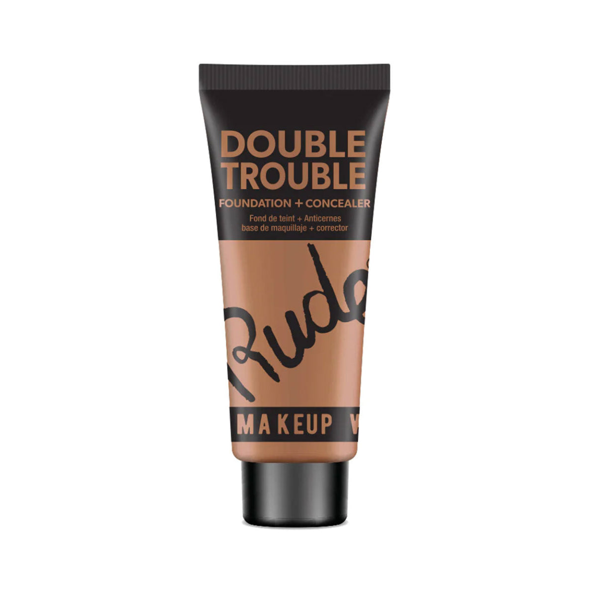 A plastic tube of Rude Double Trouble Foundation & Concealer in Shade Brown Sugar with a black cap and label.