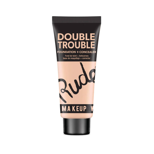 A plastic tube of Rude Double Trouble Foundation & Concealer in Shade Cotton with a black cap and label.