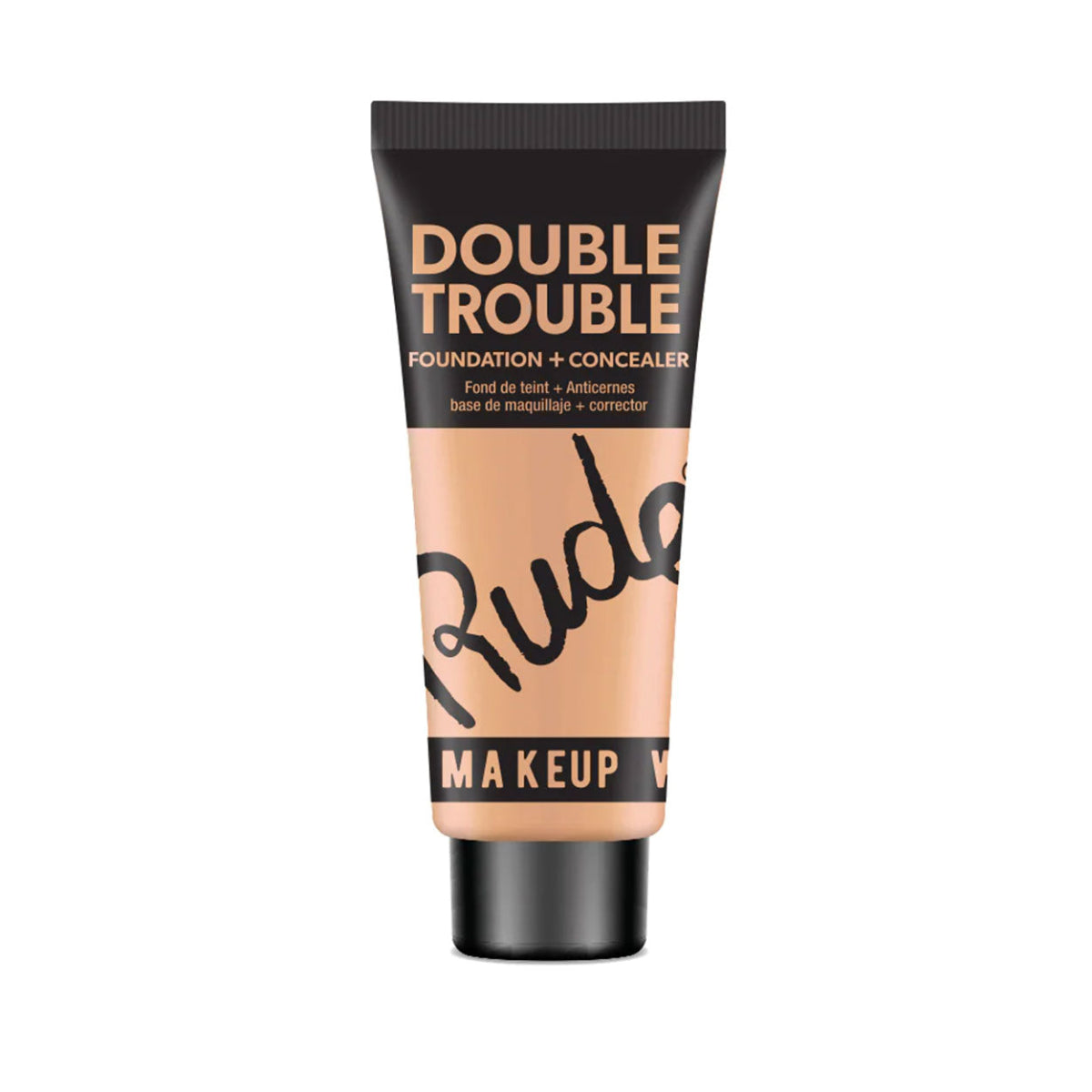 A plastic tube of Rude Double Trouble Foundation & Concealer in Shade Linen with a black cap and label.
