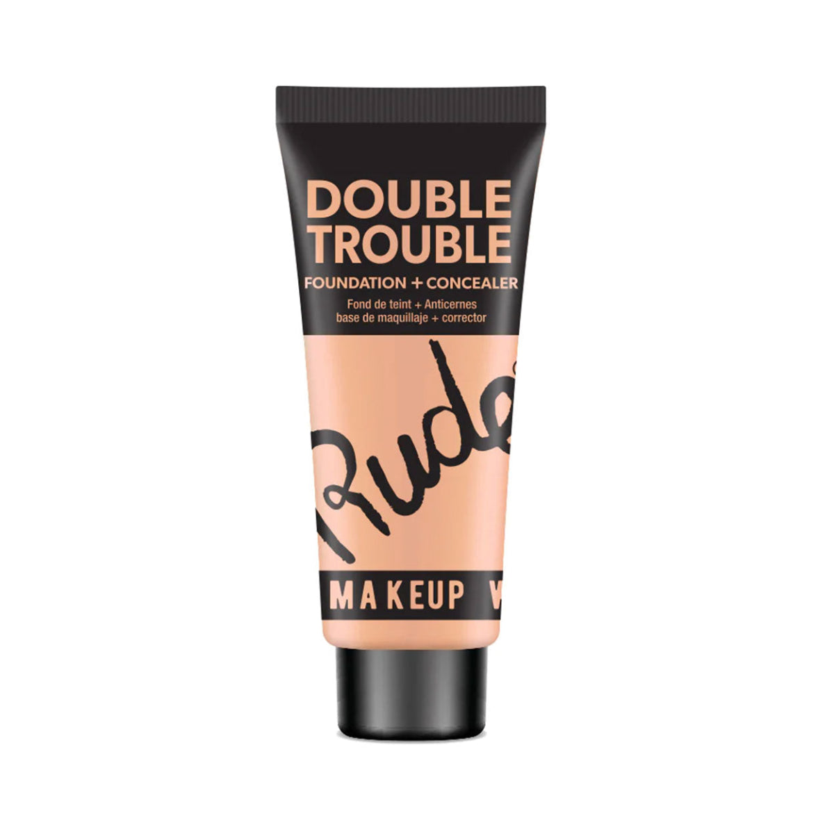 A plastic tube of Rude Double Trouble Foundation & Concealer in Shade Natural with a black cap and label.