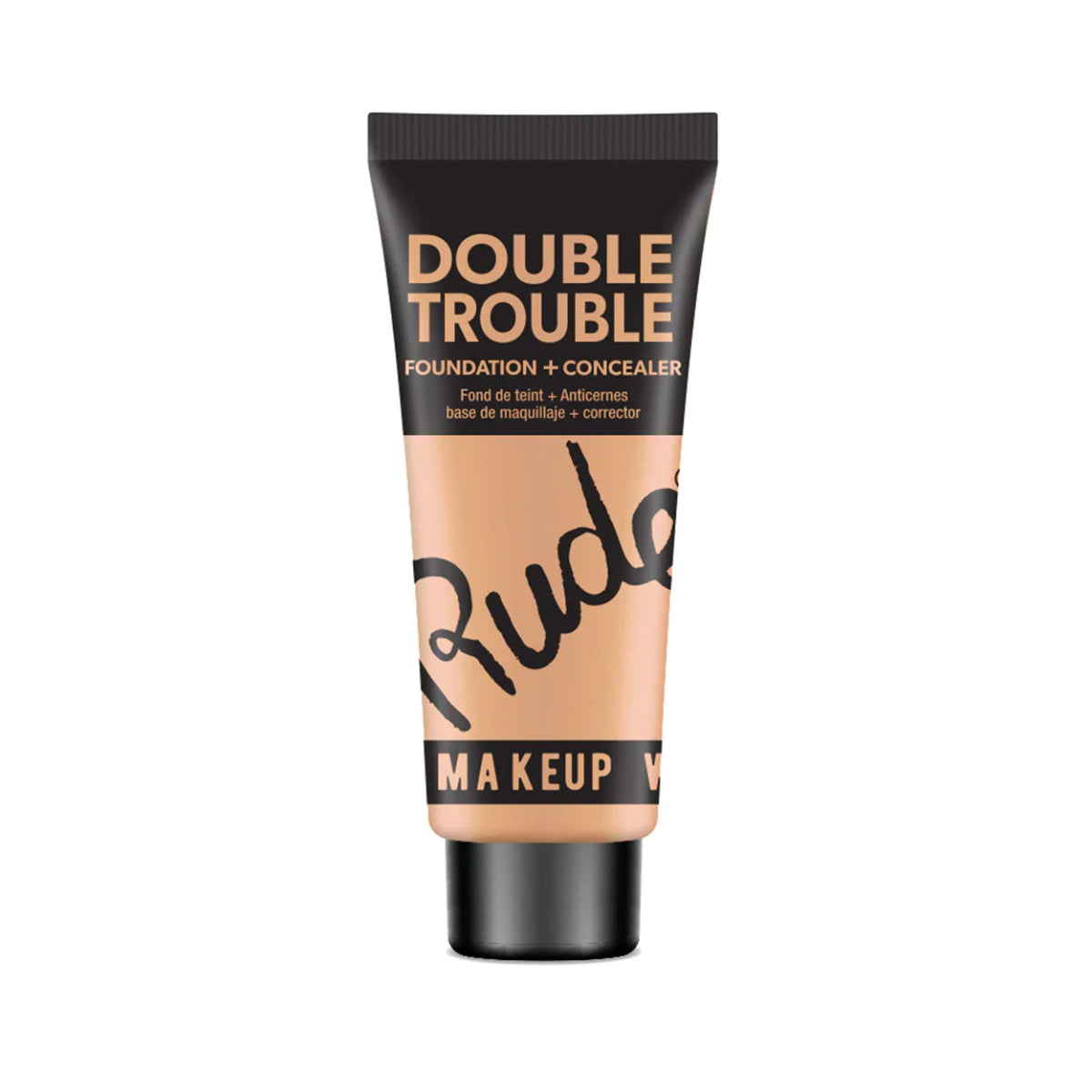 A plastic tube of Rude Double Trouble Foundation & Concealer in Shade Nude with a black cap and label.