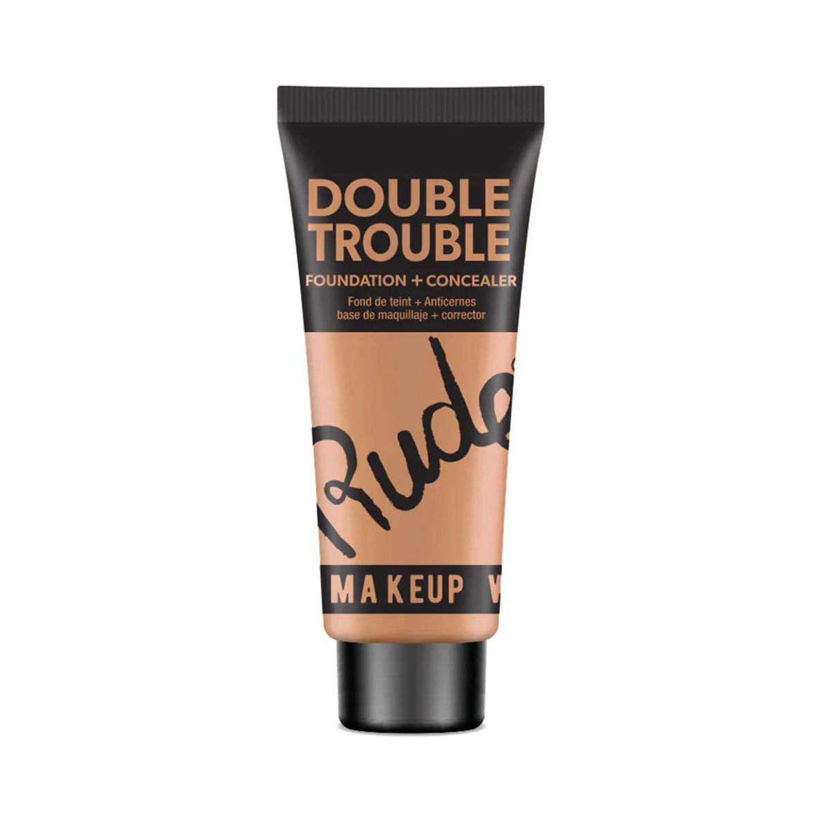 A plastic tube of Rude Double Trouble Foundation & Concealer in Shade Suede with a black cap and label.