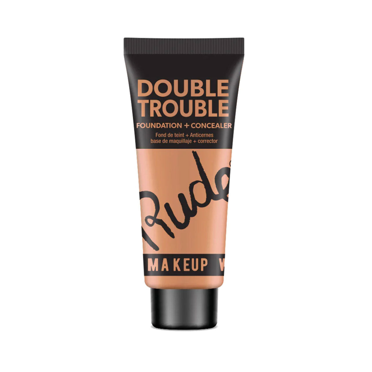 A plastic tube of Rude Double Trouble Foundation & Concealer in Shade Hazel with a black cap and label.