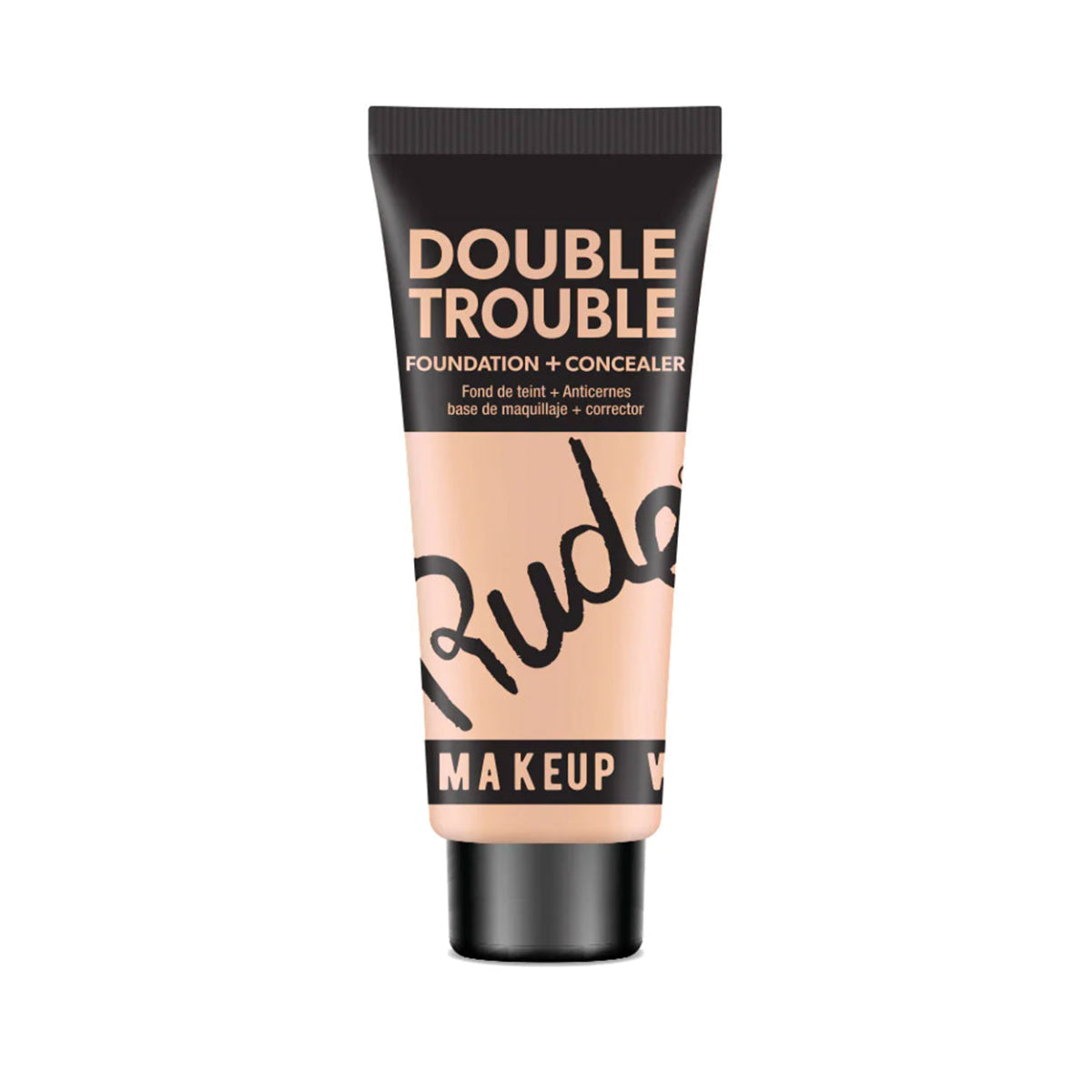 A plastic tube of Rude Double Trouble Foundation & Concealer in Shade Ivory with a black cap and label.